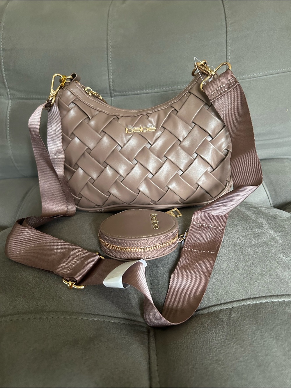 bebe Woven Crossbody Bag with Coin Pouch - Taupe Brown